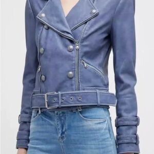L’AGANCE BILLY BELTED LEATHER MOTO JACKET -  Washed Blue - Medium